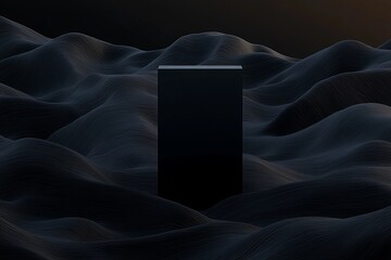 Wall Mural - black rectangular pedestal on dark wavy surface.
