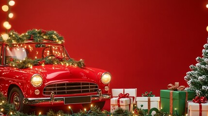 Classic red vintage car decorated with festive holiday lights and lush green garlands, surrounded by beautifully wrapped gifts against a vibrant red background setting.