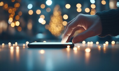 Hand using smartphone at night with bokeh lights.