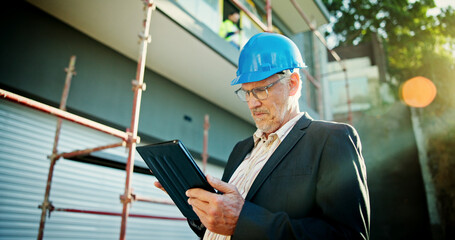Poster - Construction site, thinking and man with tablet, typing and network with online schedule. Mature person, architecture and employee with hard hat, tech and connection with app and building development