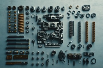 Poster - Various car engine parts like gears, pistons, and valves are neatly organized on a plain surface, demonstrating complex machinery. Generative AI