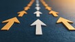 © Sirichai - Leading the Way: A path of upward-pointing arrows, with a central white arrow leading the way, symbolizes progress, innovation, and strategic advantage.