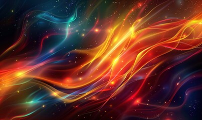 Wall Mural - Multicolor light waves with stars against dark background. Abstract energy concept