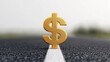 © Sirichai - Golden Dollar on the Road to Success: A symbolic image of a gold dollar sign standing on a white road line, suggesting financial prosperity and the journey towards wealth.