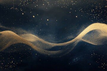 Fototapete - A swirling golden glitter wave floats across a dark background, providing generous space for adding custom text or designs. Generative AI