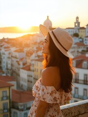 Canvas Print - Woman in hat overlooking city