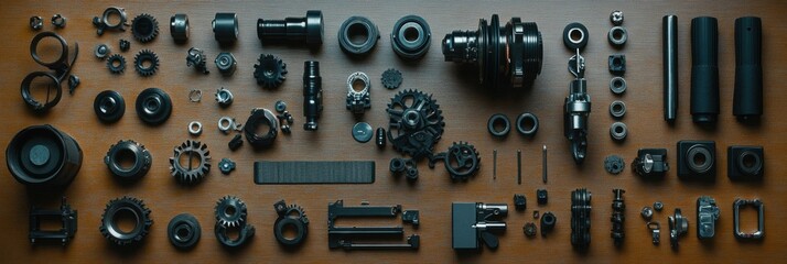 Fototapete - A diverse assortment of car engine components, featuring pistons, gears, belts, and valves, displayed on a flat surface with ample copy space. Generative AI