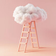 © MstAfrin - A ladder leading to the clouds, pink background, minimalist style, simple composition, white fluffy clouds floating in front of it