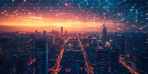 Aufkleber - A vibrant city skyline at sunset, interconnected with digital network elements.