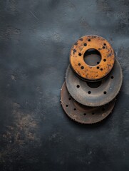 Fototapete - Close-up of worn brake pads and rusty discs stacked on a dark surface, highlighting automotive maintenance features and providing space for text. Generative AI