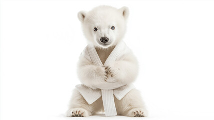 Tiny polar bear cub in a karate gi bowing respectfully, isolated in white background