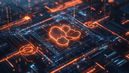 Futuristic Digital Network with Cloud Computing Concept Represented by Glowing Orange Clouds on a Dark Technology Background with Data Streams and Circuit Patterns