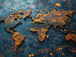 Wall Mural -  stylized world map illuminated with orange hues, set against a dark, textured background.