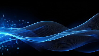 Wall Mural - flowing blue waves over black background with dots creating a sense of depth and motion in the desig
