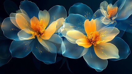 Canvas Print - Glowing translucent blue and orange flowers on dark background.