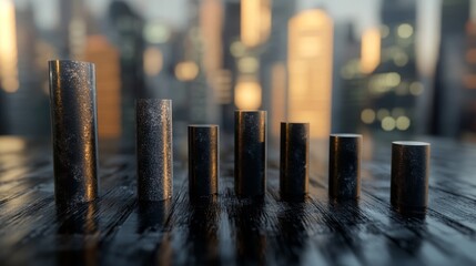 Fototapete - Metallic Cylinders on Wooden Surface in Urban Background Lighting