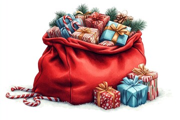 Wall Mural - A vibrant stylized graphic featuring a red Christmas sack tied with a green ribbon, perfect for holiday-themed designs and festive decorations.

