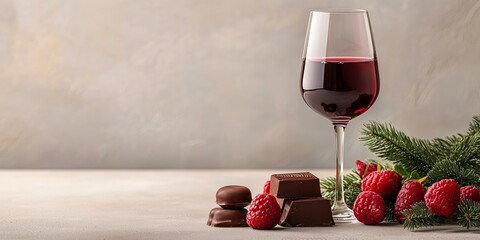 A glass of red wine sits beside chocolate and fresh raspberries, creating an elegant and indulgent setting ideal for a cozy gathering.