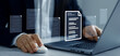 © Mer_Studio - System of online documentation database and document management. Process automation to efficiently manage files and documentation.Person working on laptop.