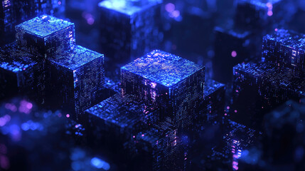 Wall Mural - futuristic dark digital space with glowing data cubes for abstract technology backgrounds