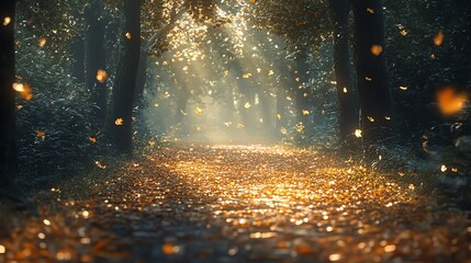 Wall Mural - a serene forest path illuminated by soft light, with leaves gently falling around.