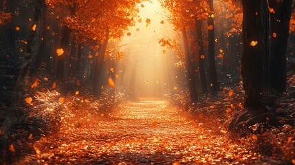 Wall Mural - a serene forest path illuminated by autumn light and falling leaves.