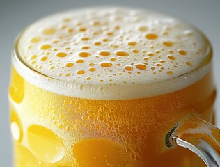 Refreshing Golden Beer with Thick Frothy Foam Bubbles in a Glass Mug Capturing the Essence of Relaxation and Enjoyment in a Refreshing Beverage