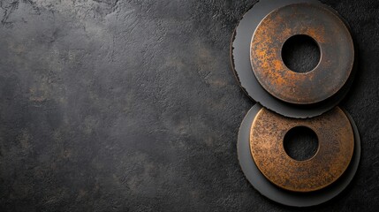Fototapete - Brake pads and discs are neatly arranged on a textured backdrop, offering ample space for text and highlighting automotive components. Generative AI
