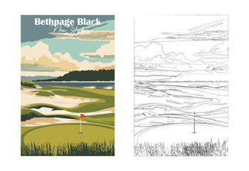 Golf Course. Vector modern illustration of Bethpage Black, New York with club and hole, golf course for poster, flyer, invitation, ticket or background