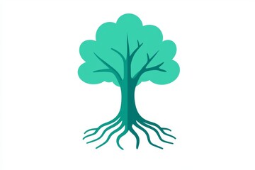 Simple teal tree illustration with roots and crown, isolated on white background.