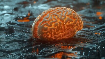 Poster - Glowing Brain on Circuit Board with Neon Orange Light Effects