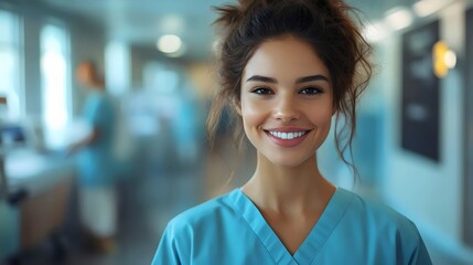 Wall Mural - A woman in a blue scrubs is smiling and posing for a picture