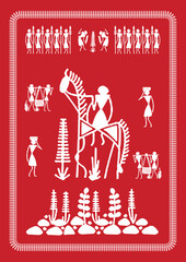 Wall Mural - The Soul of the Village: A Warli Expression. Warli art rural life, Warli village scene, Indian folk art rural, Warli countryside painting.