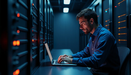 Male programmer working on laptop in server room