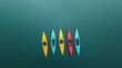 © Imagination  World - Colorful kayaks lined up on calm water, showcasing the beauty of outdoor recreation and adventure sports.