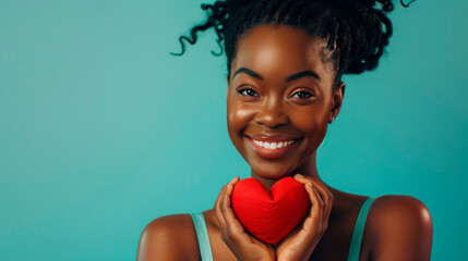 Wall Mural - Smiling black woman holding red heart with both hands portrait image. African american girl caring gesture. Self-love picture photorealistic photography. Kindness concept photo realistic