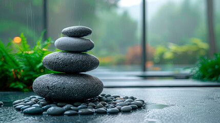 Wet dark stone stack in zen garden closeup image. Rainy ambiance, mindfulness theme. Meditative balance close up photography. Buddhism culture. Tranquility concept photo realistic