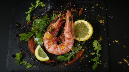 Wall Mural - Fresh Shrimp Dish with Lemon and Greens on Black Slate Plate