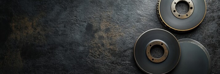 Fototapete - Displayed are durable brake pads and discs on a dark surface, allowing for textual information and highlighting automotive components. Generative AI