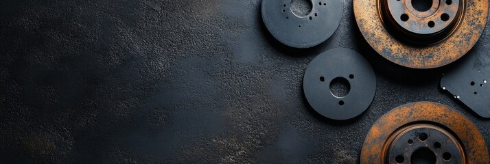 Fototapete - Detailed view of brake pads and rusted discs arranged on a dark textured background, providing space for custom text or graphics. Generative AI