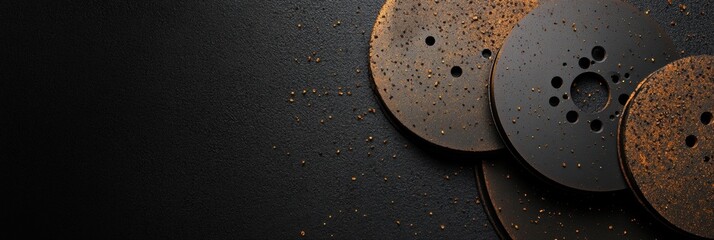 Fototapete - Brake pads and discs are arranged on a dark textured background, showcasing their surface details and offering ample space for text or branding. Generative AI