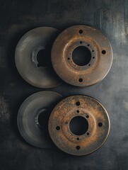 Fototapete - Rusty brake pads and discs on a dark background, providing space for car maintenance info. Generative AI