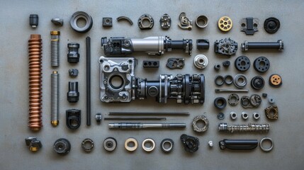 Poster - Arranged car engine parts include pistons, gears, belts, and valves displayed on a flat surface, providing ample space for additional text. Generative AI