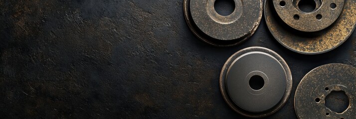 Poster - Several brake pads and discs are displayed on a textured dark surface, providing space for adding text or details related to automotive needs. Generative AI