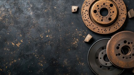 Fototapete - Display of worn brake pads and discs arranged on a textured dark background, leaving room for text or design elements to be added. Generative AI