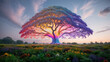 © AsgharAbbas - a breathtakingly vivid and high-contrast cinematic photograph of a majestic, glowing surreal tree with intricately detailed leaves in every vibrant color of the rainbow, softly luminescent against a w