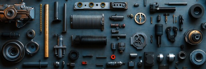Poster - Detailed view of car engine components including pistons, gears, belts, and valves laid out on a dark workbench, highlighting their arrangement. Generative AI