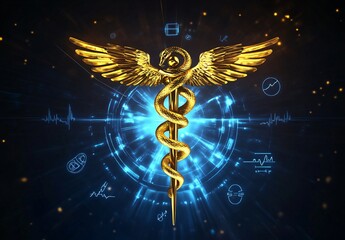 Wall Mural - golden caduceus medical symbol healthcare technology digital future