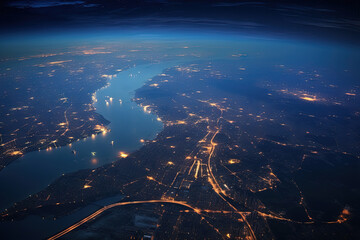 Wall Mural - Futuristic city aerial view at night. Structure of sci-fi metropolis with neon lights from the bird view