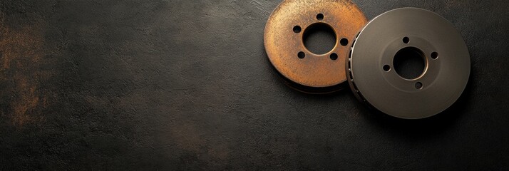 Fototapete - Two brake discs, one rusted and the other clean, are placed on a dark surface, providing copy space for any additional text or information. Generative AI